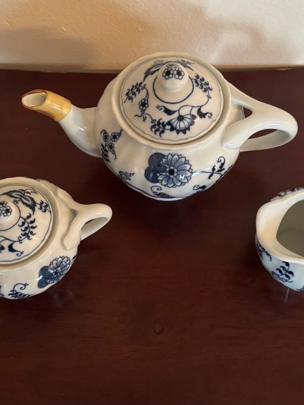 Vintage Danube “Blue Onion”  Porcelain Teapot, Sugar Bowl & Creamer